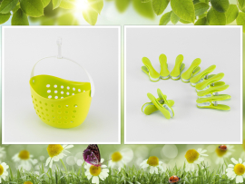 26/15.hét - Tavaszi virágzás - Teregető szett (1 zöld csipesztartó kosár + 10 db zöld csipesz)